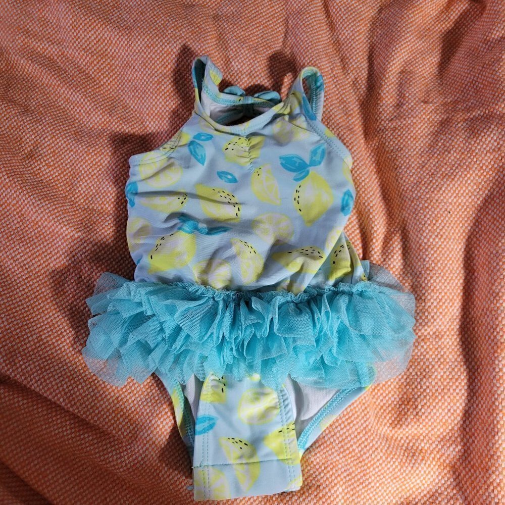 Cat & Jack One Peice Baithing Blue And Lemons Tutu Bottom Snaps Size 6-9M
